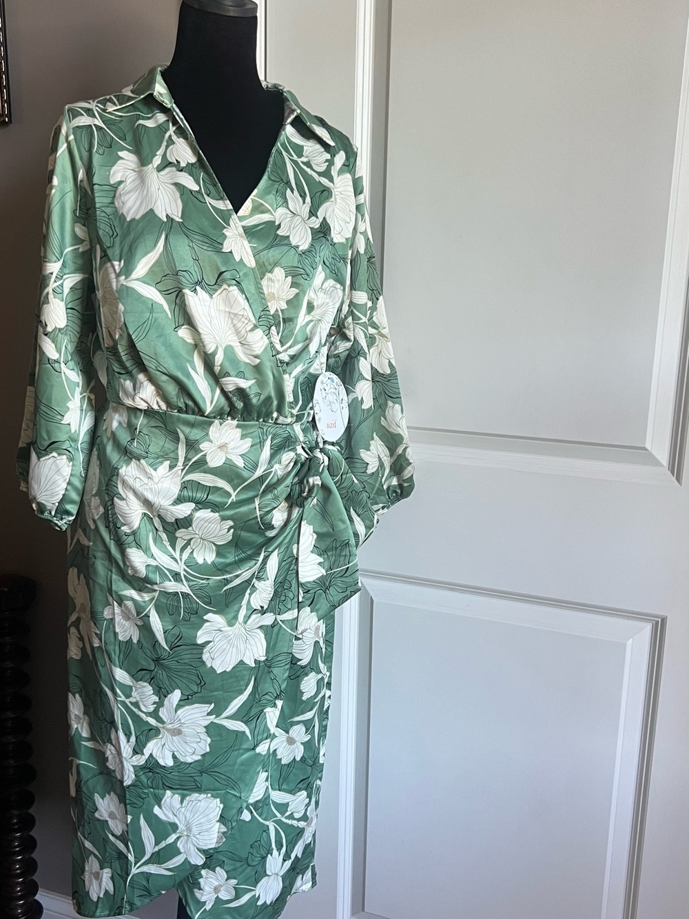 NAIF Green and White Floral Midi Wrap Dress